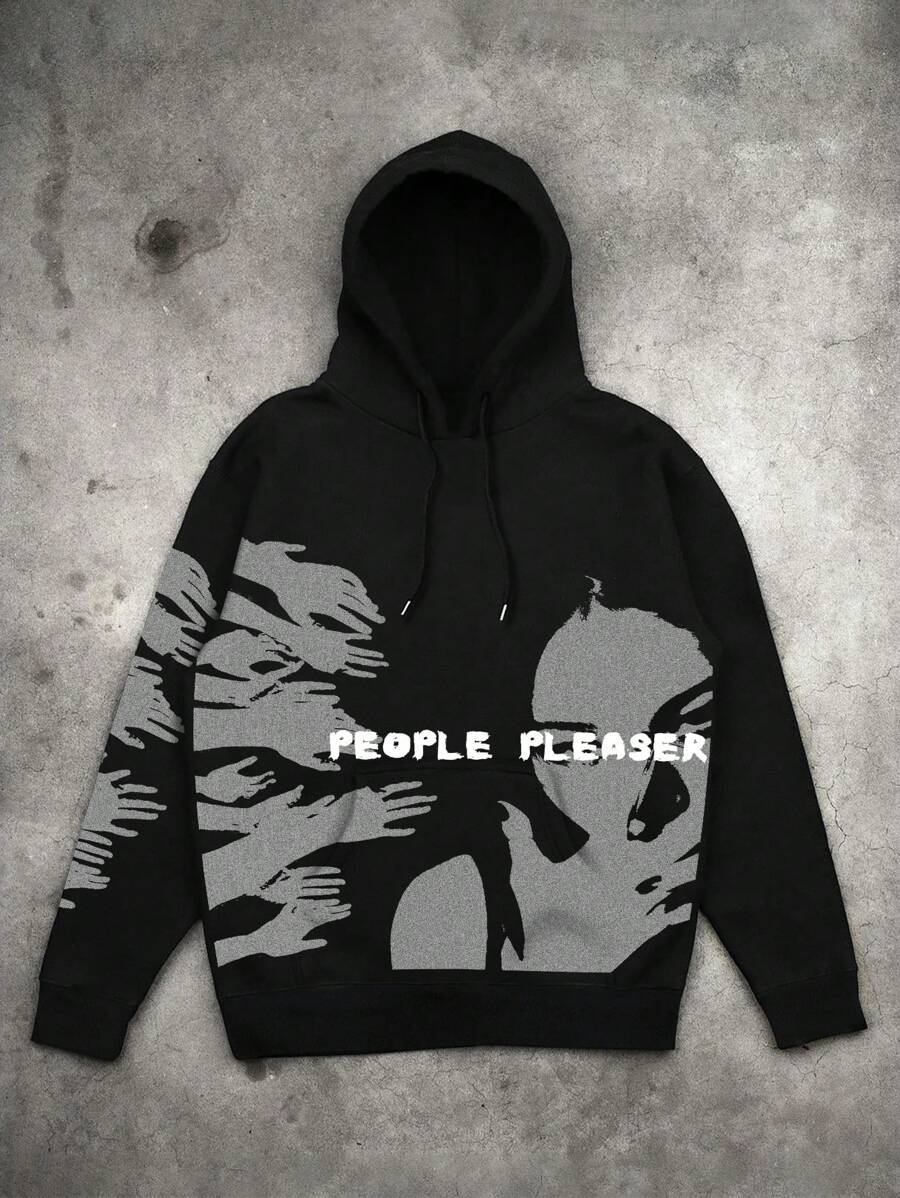 Men's Funny Hip-Hop Portrait Printed Hooded Sweatshirt - Black - View 1