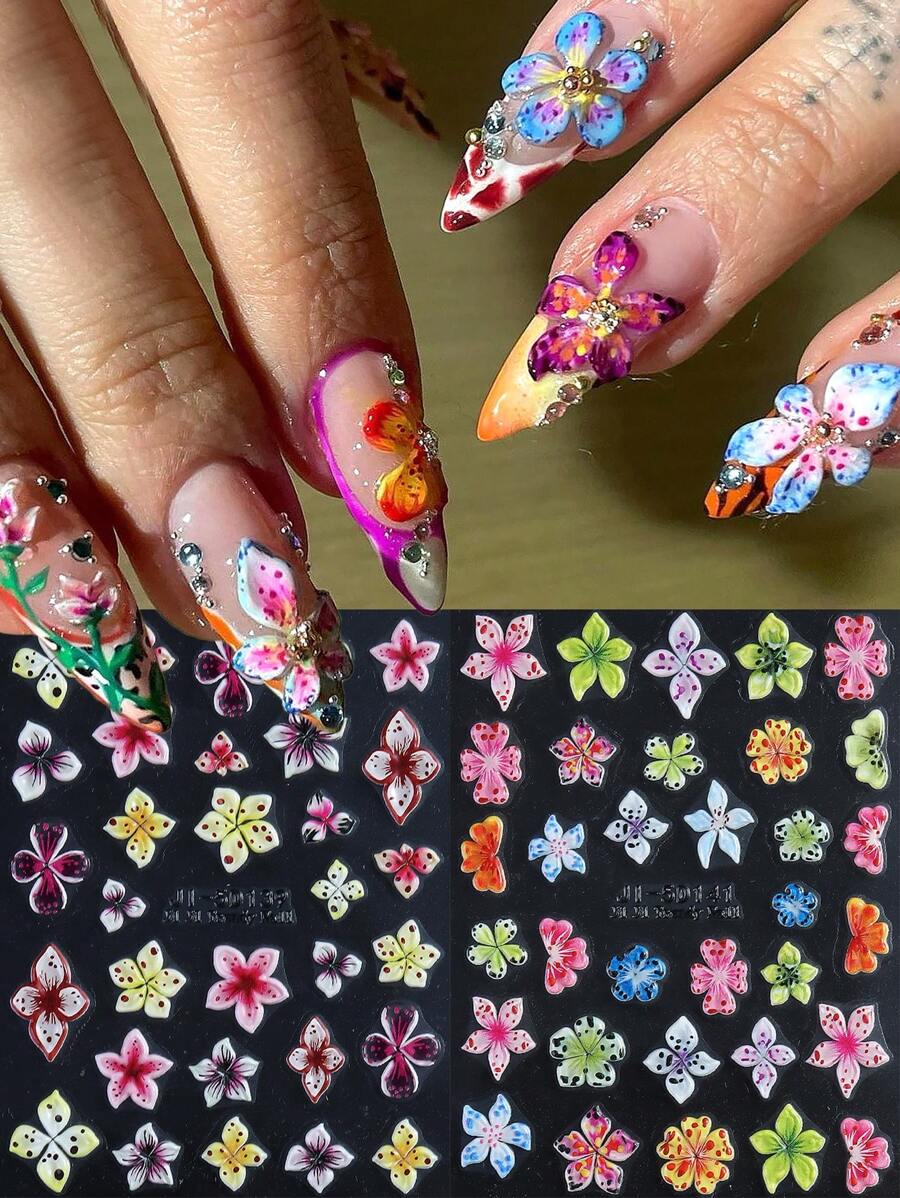 2 Peças Adesivos de Unhas com Flor de Hibisco Leopardo Gravado em 5D, Decalques de Unhas com Pétalas Coloridas de Flor, Adesivos de Unhas Autoadesivos com Estampa de Pétala Havaiana Gravada em Estilo Y2K