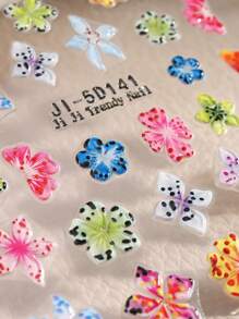 2 Peças Adesivos de Unhas com Flor de Hibisco Leopardo Gravado em 5D, Decalques de Unhas com Pétalas Coloridas de Flor, Adesivos de Unhas Autoadesivos com Estampa de Pétala Havaiana Gravada em Estilo Y2K