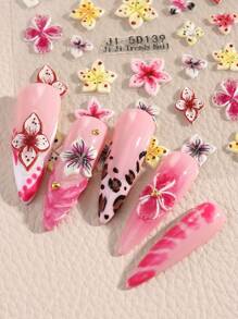 2 Peças Adesivos de Unhas com Flor de Hibisco Leopardo Gravado em 5D, Decalques de Unhas com Pétalas Coloridas de Flor, Adesivos de Unhas Autoadesivos com Estampa de Pétala Havaiana Gravada em Estilo Y2K