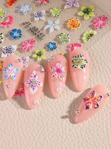 2 Peças Adesivos de Unhas com Flor de Hibisco Leopardo Gravado em 5D, Decalques de Unhas com Pétalas Coloridas de Flor, Adesivos de Unhas Autoadesivos com Estampa de Pétala Havaiana Gravada em Estilo Y2K