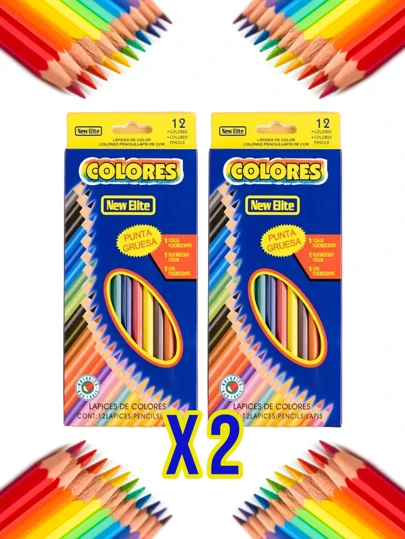 2 cajas de lápices de colores cada caja con 12 lápices de madera de punta gruesa en total 24 lápices para dibujo o uso escolar mayoreo colorear útiles moda escuela oficina escritorio escritura escribir papelería mayoreo pintar pintura