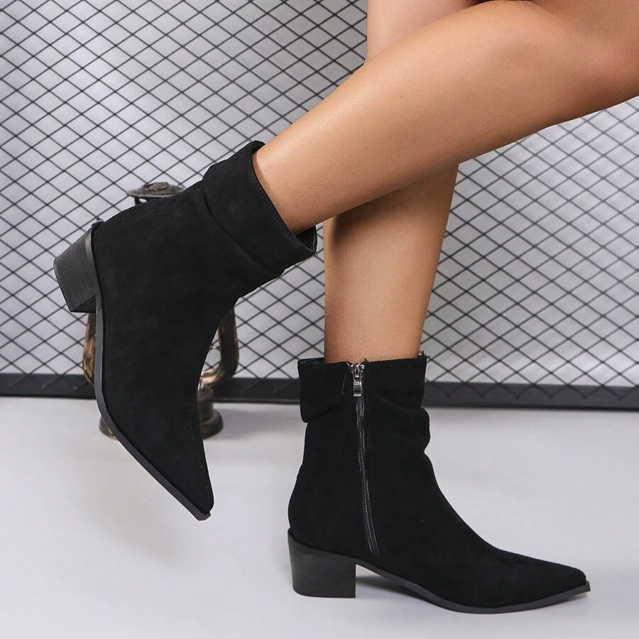 Women's Black New Fashion Comfortable Minimalist Sexy Elegant Pointed Toe Zipper Side Pull On Platform Thick Heel Ankle Boots And Short Boots - Black - View 1