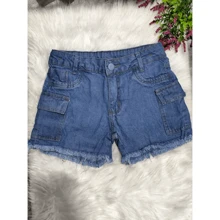 Children's Cargo Shorts With Pockets On The Sides Adjustable Youth Blogger Girl - Light Wash - View 2
