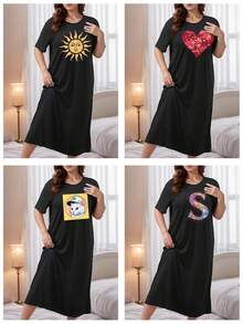 Customized Plus Size Photo/Couple/Family/Friend/Pet Photo Printed Comfortable Loose Shift Dress, Suitable For Christmas/Valentine's Day/Anniversary Party, Black Long Dress, Autumn/Winter Dress, Holiday Gift For Summer - Black - View 2