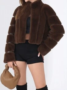 Long Sleeve Open Front Brown Furry Faux Fur Coats For Women,Stand Collar Solid Color Short Fluffy Jacket,Loose Cropped Casual Fluffy Jacket,Elegant Chic Fur Top,Fall Winter Clothes For Women,Suitable For Various Occasions Out Commuting Or Partying - Coffee Brown - View 4