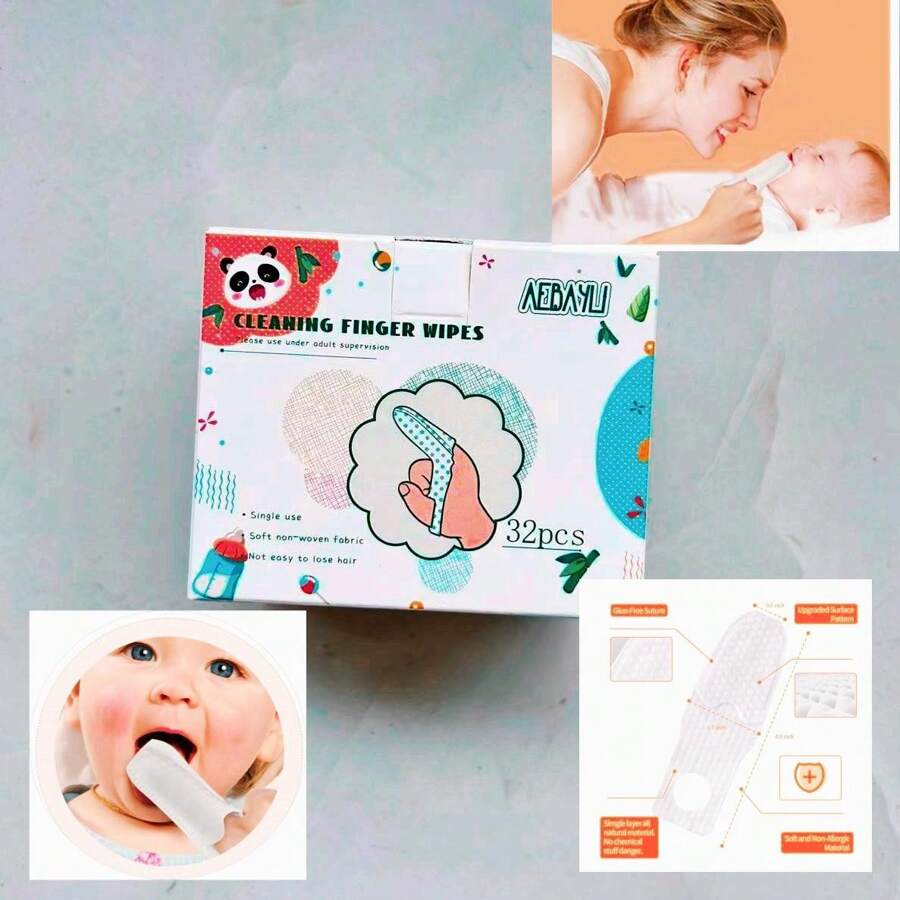 32 Peças Lenços de Limpeza para Dedos de Bebê, Limpador de Língua para Recém-Nascidos, Escova de Dentes para Dedos de Bebê para Limpeza de Dentes, Limpa Superfície da Língua, Adequado para Bebês de 0 a 36 Meses