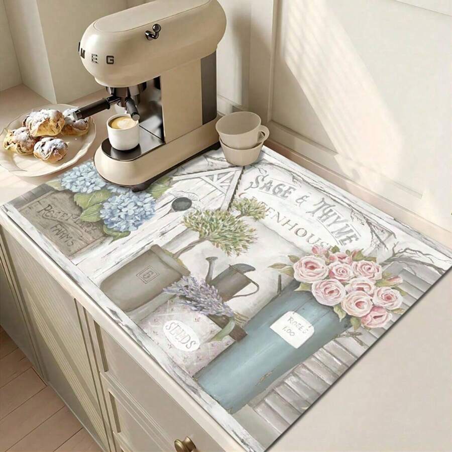 1pc, Rubber Drying Mat With Retro Coffee Printing Pattern, Tableware For Coffee Shop And Restaurant, Kitchen Carpet Tableware, Durable Diatom Mud Table Mat, Pet Mat. - Multicolor - View 1