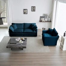 2 Seater Loveseat And Chair Set, 2 Piece Sofa And Chair Set, Loveseat And Accent Chair, 2-Piece Upholstered Chenille Sofa Living Room Couch Furniture(1+2 Seat ), Blue Chenille - Blue+Chenille+3 Seat as Pic - View 9