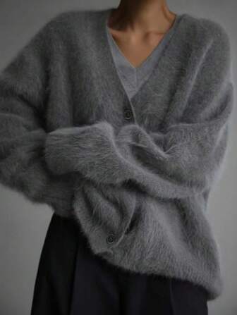 Women's Solid Color Drop Shoulder Long Sleeve Single-Breasted Casual Cardigan, Elegant & Graceful Faux Fur Sweater, Grey