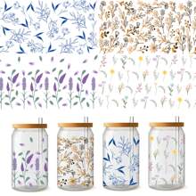 4 piezas Pegatinas de la serie minimalista de flores UV DTF para hojas impermeables de pegatinas para tazas de vidrio Libbey de 16 oz, tazas decorativas, útiles escolares, manualidades y suministros de arte DIY, pegatina de transferencia