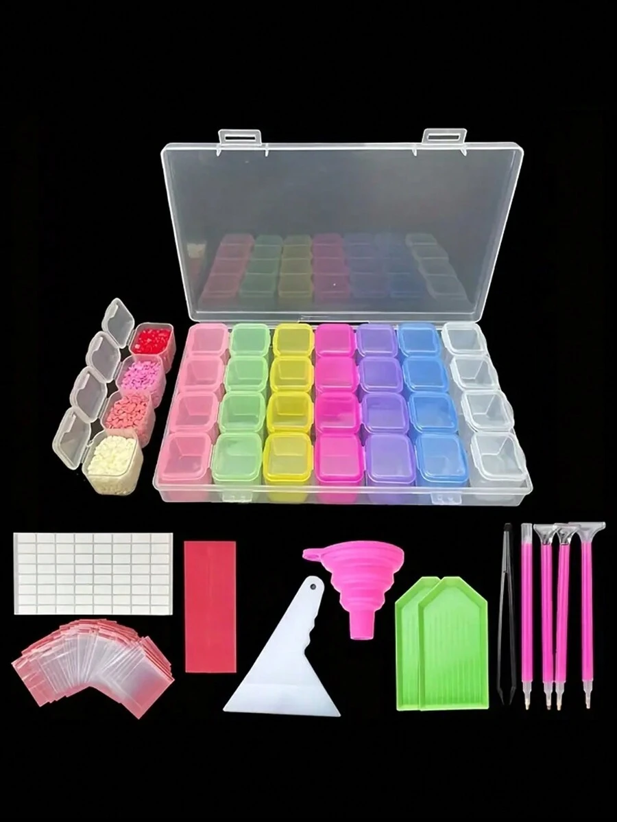 1 Set 28-Grids Diamond Painting Storage Box - Organized Container With Funnel, Stickers, Pen And Embroidery Accessories, For Diamond Painting