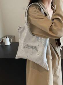 1 件银色 Y2K 复古女士单肩包，带金属铆钉翼装饰的腋下包，PU 材质复古斜挎包，适合购物、日常使用、万圣节礼物 - 銀色 - 查看 3