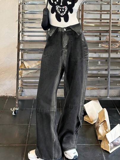 缺口领休闲宽松渐变色阔腿直筒牛仔裤