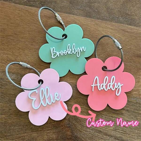 1 peça de chaveiro de acrílico com letras e flores personalizáveis, nome personalizado, camada dupla, etiqueta de mochila, etiqueta de bagagem, presente de Halloween, Ação de Graças e Natal