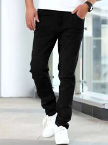 Men's Slim Fit Solid Color Casual Jeans, Stretchy Straight Leg Business Pants With Slant Pockets, Cotton Fabric For Year Round Wear - Black - View 5
