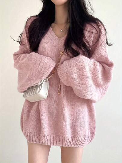 CMC Women's Casual Solid Color V-Neck Loose Oversized Sweater, Autumn/Winter