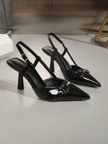 OMS 女士鞋，时尚黑色露背尖头细高跟鞋，新娘、派对露跟正装鞋