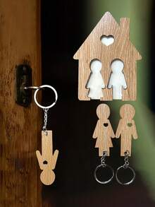 1 套木制情侣钥匙扣挂钩，情侣风格，创意木制工艺品壁挂，家居装饰钥匙扣 - 彩色 - 查看 1