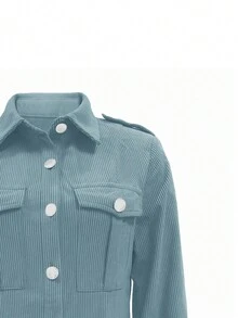 Women's Solid Color Corduroy Turnover Pocket Shirt,Long Sleeve Tops Casual Spring - Dusty Blue - View 5