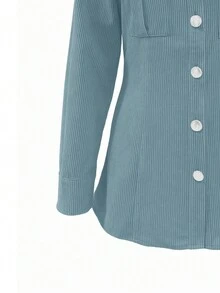 Women's Solid Color Corduroy Turnover Pocket Shirt,Long Sleeve Tops Casual Spring - Dusty Blue - View 6