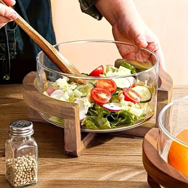 1pc Simple Ins Glass Fruit Plate, Salad Bowl, Appetizer Tray With Bamboo Base, Lightweight, Elegant, Suitable For Home, Living Room, Modern Japanese Style