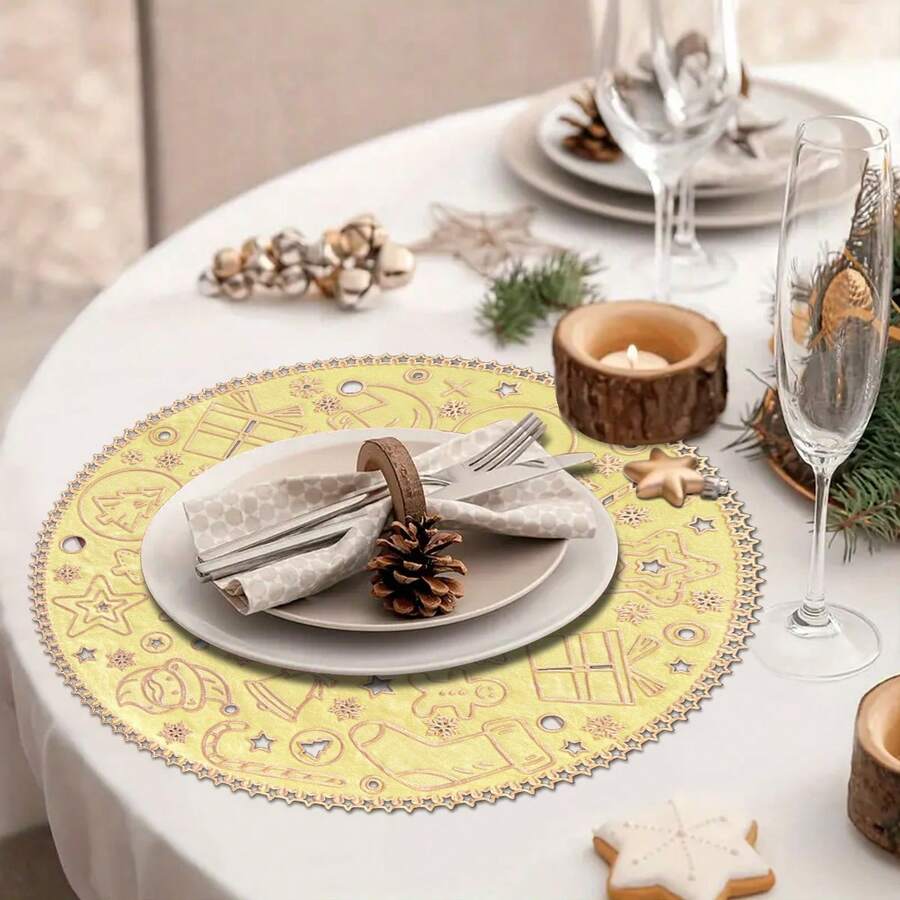 1 件 Teslin 圣诞主题图案餐垫，防滑隔热防水易于清洁，适用于日常餐桌 - 彩色 - 查看 1