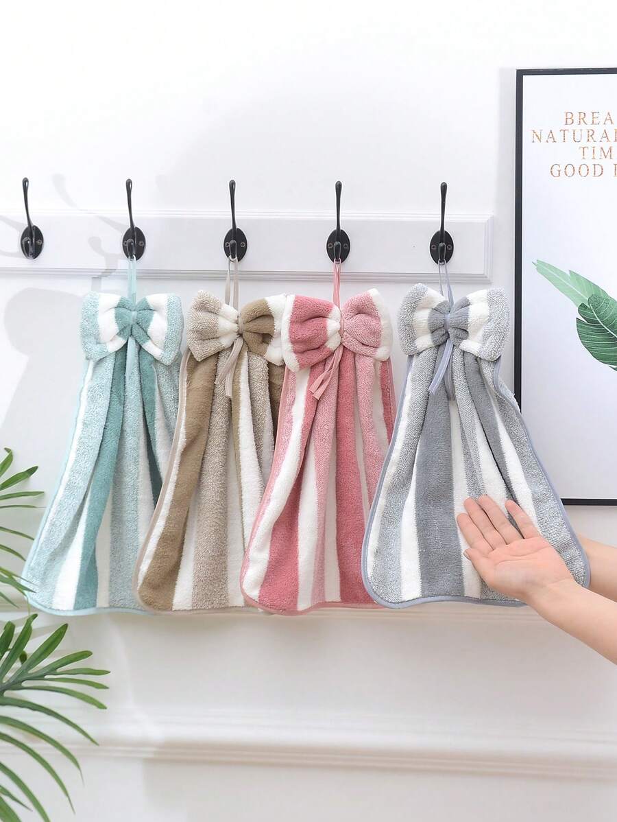 1pc Coral Fleece Stripe Bow Hand Towel, Soft & Absorbent, With Hanging Loop - Suitable For Hand Drying, Makeup Removal & More,School,Back To School,Travel,Travel Essentials,Home Essentials,Towel,Skin Care