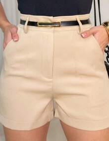 Women's Tailored Shorts With Belt, Casual Oxford High Waist - 米色 - 查看 1