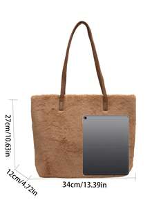 2024 Fall Winter New Soft Plush Versatile Casual Simple Women Zipper Closure Dual Handle Large Capacity Shoulder Tote Handbag - Camel - View 4