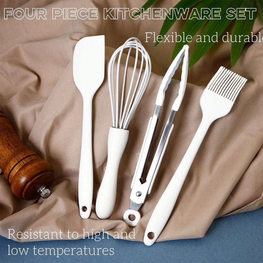 A Set Of Four High-Temperature Resistant Silicone Kitchenware, Silicone Scraper, Heat-Resistant Clip, Oil Brush, Egg Beater, Non Stick Kitchenware, DIY Baking Cake Tools, Kitchenware Set, Mini Four Piece Set - White - View 1