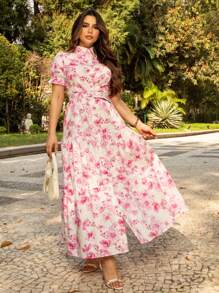 Vestido Chemise Longo Manga Curta Tricoline Estampada Flores Verão Moda Evangelica Crista Moda Elegante Modesta REF: Lila - Rosa chiclete - Visão 1