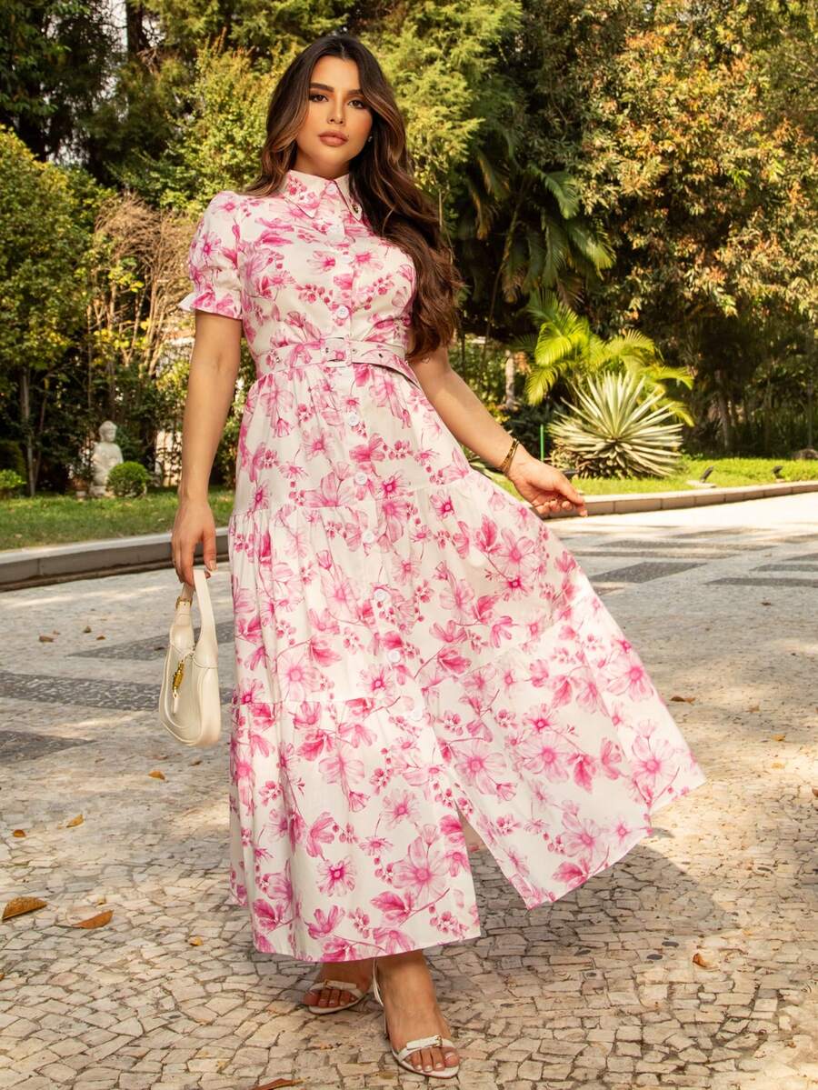 Vestido Chemise Longo Manga Curta Tricoline Estampada Flores Verão Moda Evangelica Crista Moda Elegante Modesta REF: Lila - Rosa chiclete - Visão 1