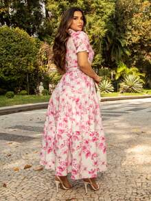 Vestido Chemise Longo Manga Curta Tricoline Estampada Flores Verão Moda Evangelica Crista Moda Elegante Modesta REF: Lila - Rosa chiclete - Visão 2