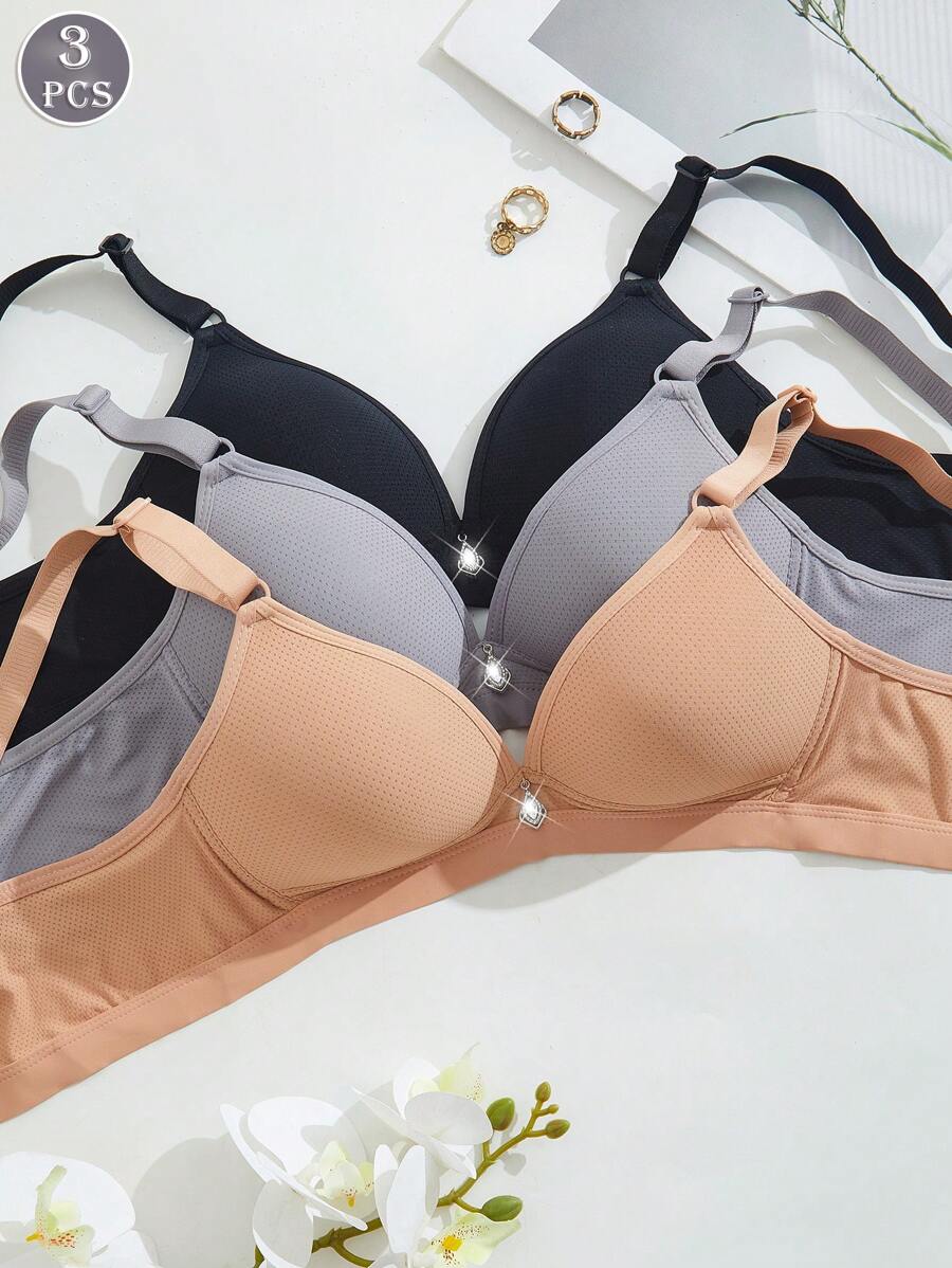 Juego de 3 brasieres cómodos y ventilados inalámbricos, con copa suave y sólida, ropa interior para mujer