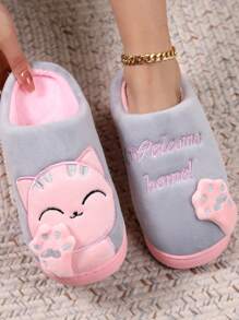 女士招财猫毛绒拖鞋，厚底，防滑，保暖，室内家居服，秋冬 - 灰色 - 查看 6