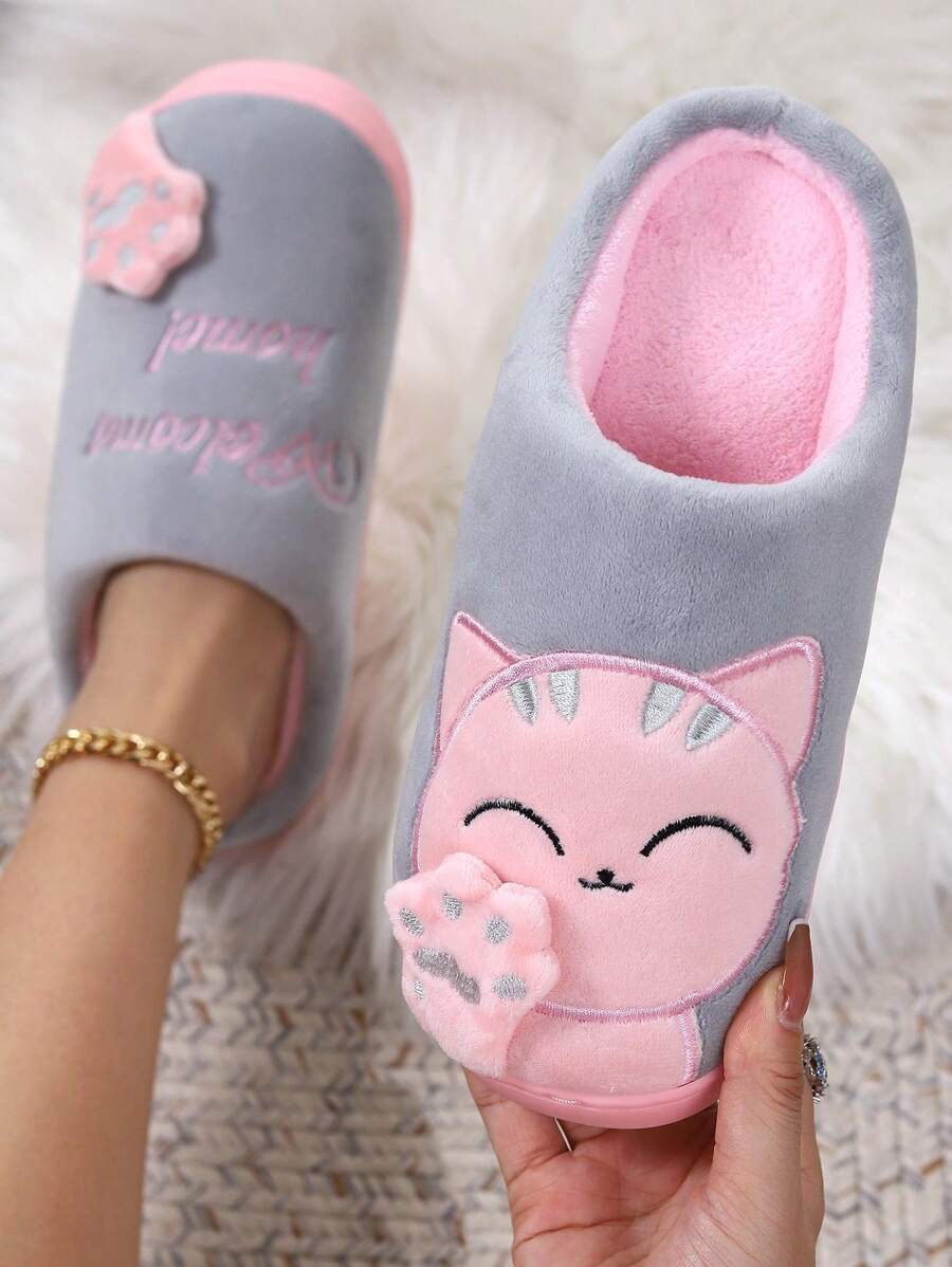 女士招财猫毛绒拖鞋，厚底，防滑，保暖，室内家居服，秋冬 - 灰色 - 查看 1
