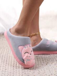 女士招财猫毛绒拖鞋，厚底，防滑，保暖，室内家居服，秋冬 - 灰色 - 查看 4