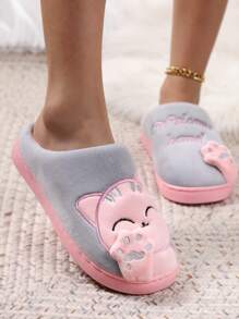 女士招财猫毛绒拖鞋，厚底，防滑，保暖，室内家居服，秋冬 - 灰色 - 查看 2