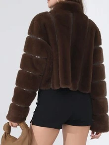 Long Sleeve Open Front Brown Furry Faux Fur Coats For Women,Stand Collar Solid Color Short Fluffy Jacket,Loose Cropped Casual Fluffy Jacket,Elegant Chic Fur Top,Fall Winter Clothes For Women,Suitable For Various Occasions Out Commuting Or Partying - Coffee Brown - View 3