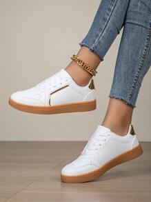 Women's Fashion Lace-Up Flats, Lace Trim Outdoor Shoes, Comfortable Low-Top White Sneakers