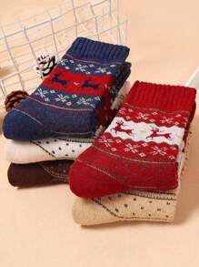 5 双驯鹿印花厚实温暖舒适圣诞中筒袜，适合秋冬季 - 彩色 - 查看 5