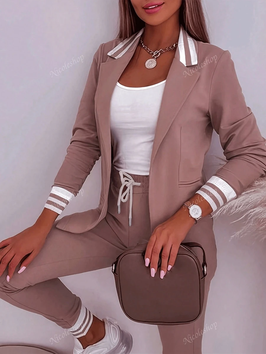 Conjunto de 2 piezas Chaqueta casual de manga larga con cuello de traje para dama y pantalones con cordón