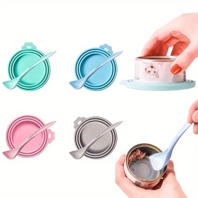 1pc Reutilizável Silicone Pet Food Can Cover Com Colher De Alimentação - Formato De Recipiente Redondo, Para Conservar Pratos De Animais De Estimação