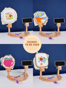 1pc  Beechwood Rotating Embroidery Hoop Stand, Portable Desktop Cross Stitch Frame With Moon-Shaped Base, Easy Assembly, Suitable For Various Embroidery Angles - Khaki - View 4