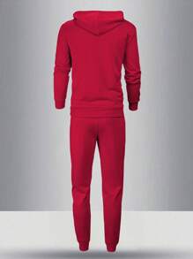 男士薄款连帽衫和运动裤套装，常规版型，个性化印花图案，时尚休闲装，带口袋和抽绳腰带，适合送给丈夫或男朋友的礼物，街头、通勤、户外使用 - 紅色 - 查看 2