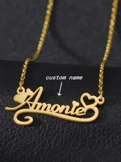 1pc Gold Silver Custom Personalized Heart Lace Name Necklace - Perfect For Mother's Day, Valentine's Day, Birthday, Anniversary, Graduation, Christmas, Family As Well As Friends And Classmates High-End Gifts Lovely Personalized Stainless Steel Heart Pendant, English Custom Name Necklace Halloween Christmas Gold, Rose Gold Stylish, Fall Fashion, Vintage ,Travel Organizer