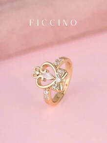 Bộ nhẫn điều chỉnh FICCINO hình trái tim hoạt hình dễ thương và nơ mạ vàng đính đá Cubic Zirconia, quà tặng trang sức ngọt ngào cho bạn bè và bạn gái, kèm hộp - 254r - Xem 2