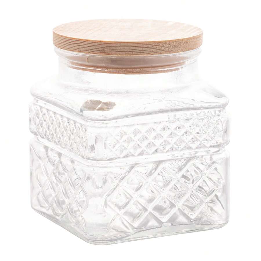 Pote Porta Mantimentos Decorado em Vidro com Tampa de Madeira 600ml - Wolff