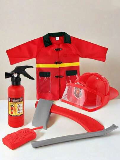 3-8 Years Old Children Firefighter Role Play Costume Set, Includes Firefighter Outfit, Tools, Water Bottle, Backpack, Vest, Educational Toy, Perfect For Indoor And Outdoor Role Play, School Costume Performance, Graduation Season, Christmas, Carnival, Halloween Ideal Gift, Suitable For Boys And Girls